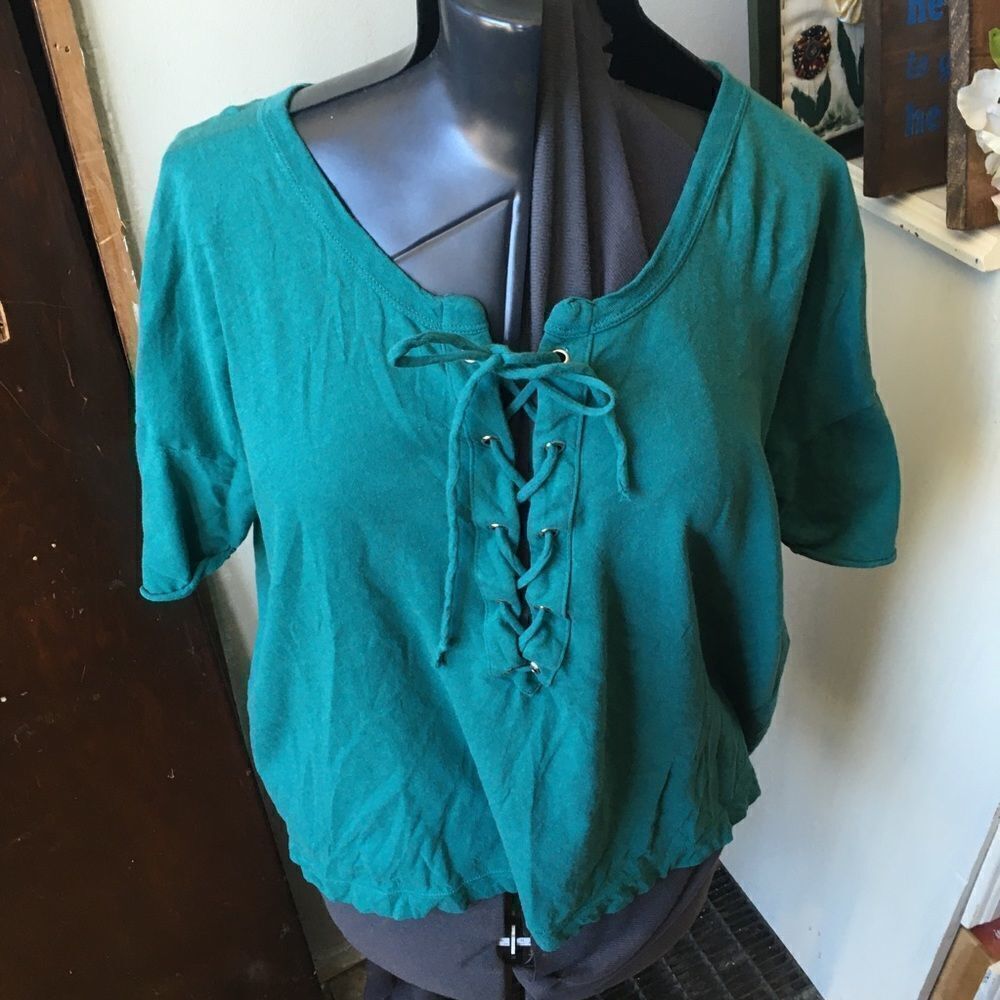Wildfox cropped lace up green knit top